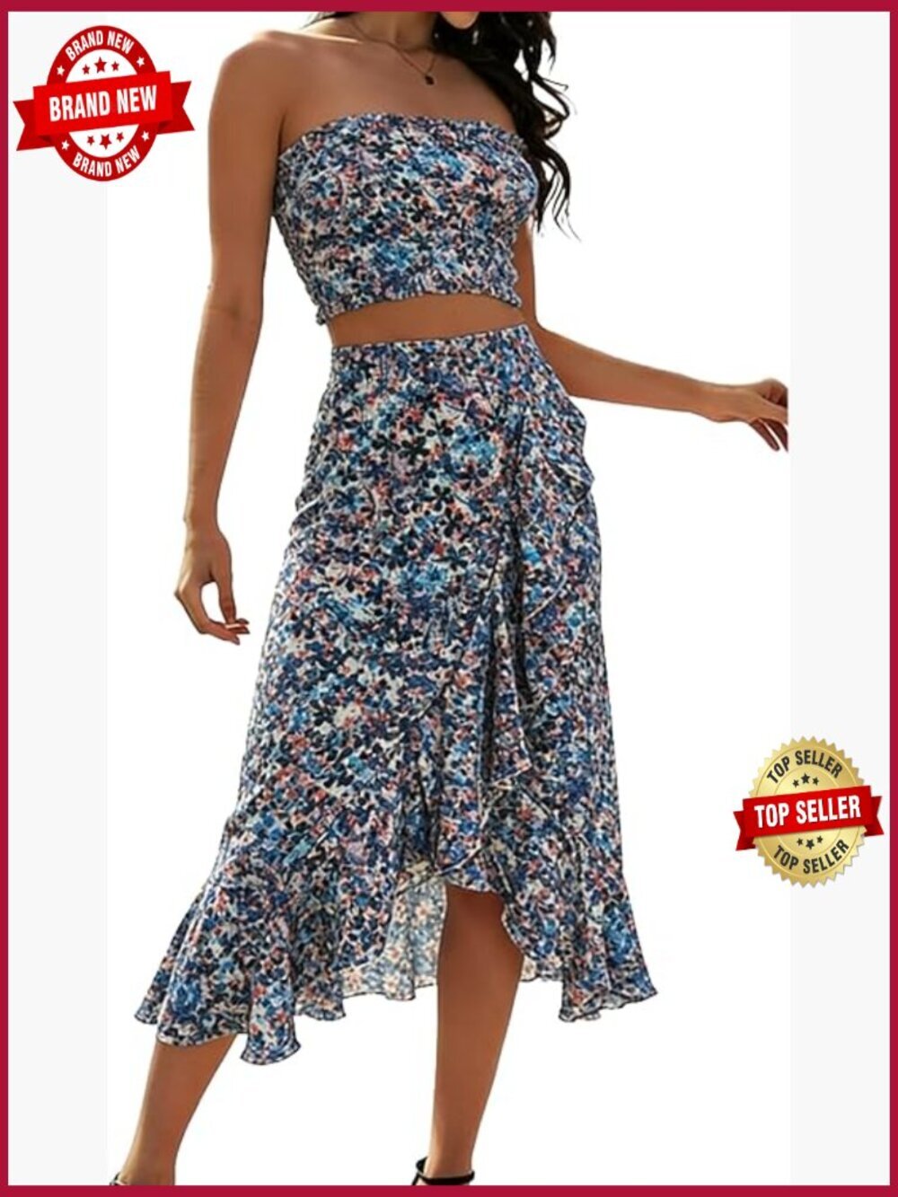 Floral Crop Top Maxi Skirt Set with Pockets